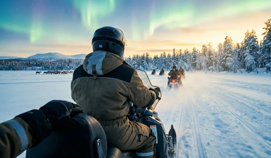 Sneeuwscootertocht door het winterlandschap van Finland