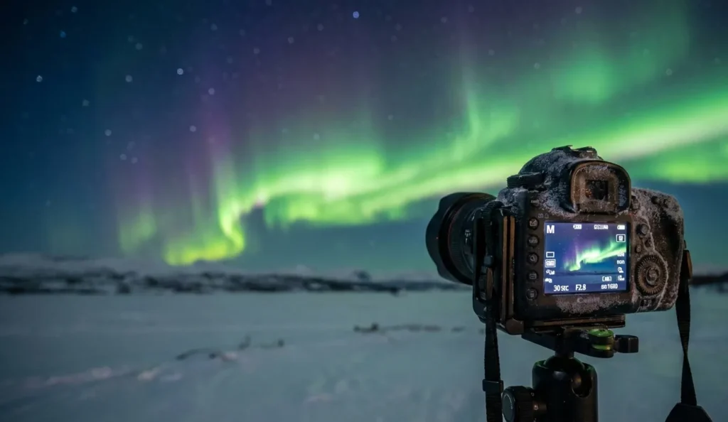 Camera op statief tijdens het fotograferen van het noorderlicht