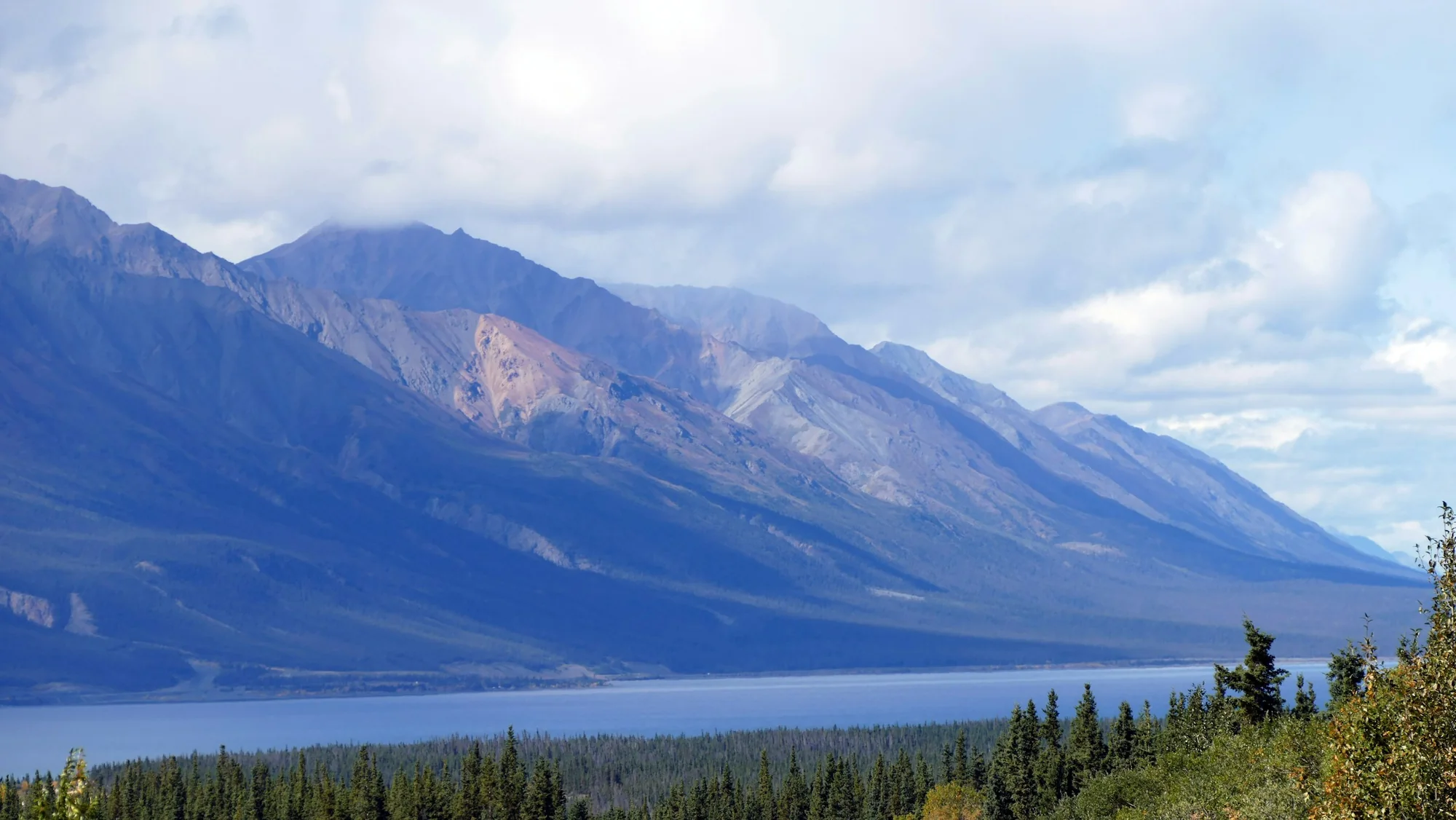 Een langgerekt meer met naaldbossen en berghellingen in Yukon, Canada