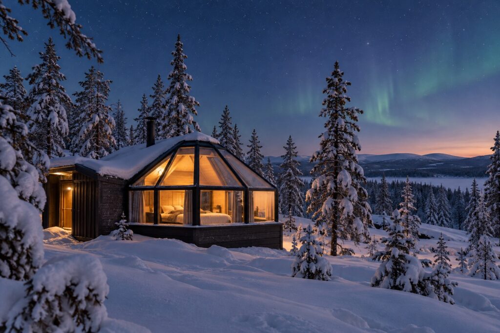 Glazen iglo met warm licht tussen besneeuwde dennen in Fins Lapland