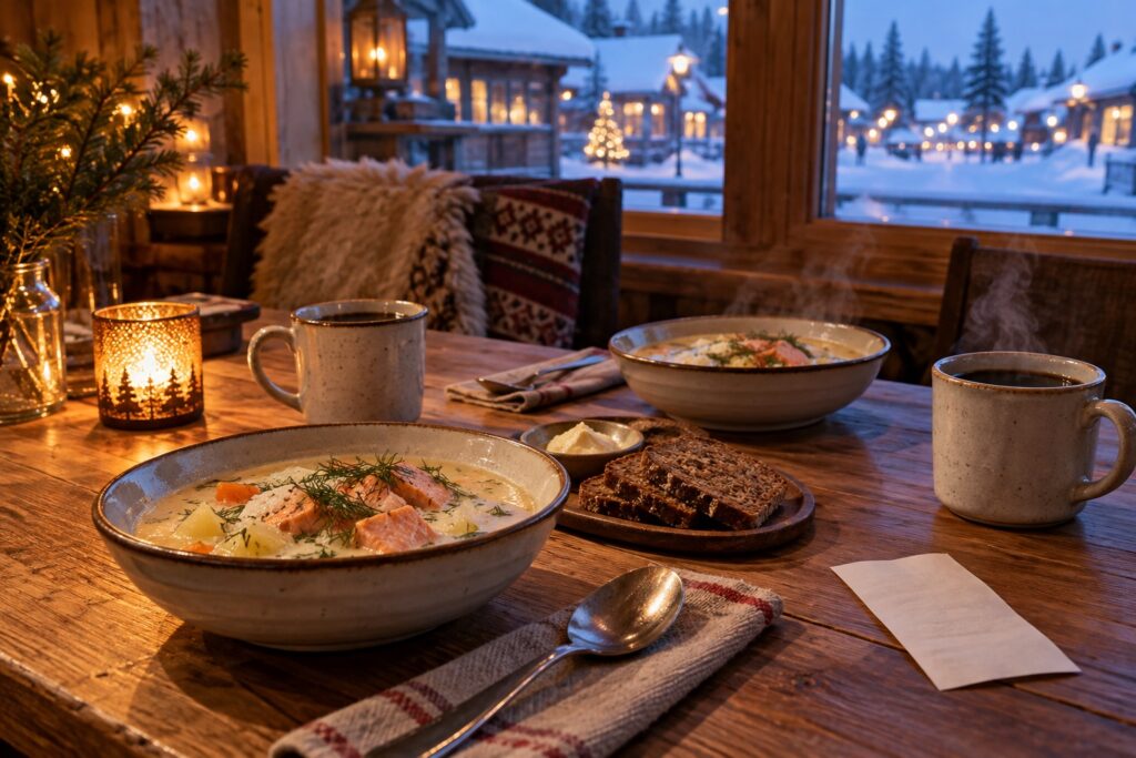 Kom koffie en zalmsoep op een houten tafel in een warm café in Fins Lapland