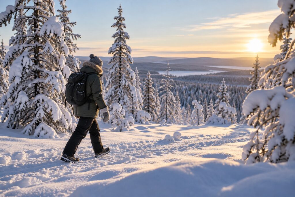 Warm geklede reiziger wandelt door een besneeuwd dennenbos in het lage winterlicht van Lapland