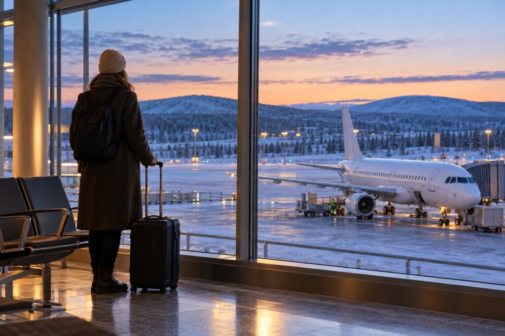 Reiziger met handbagage kijkt uit over een besneeuwde luchthaven voor een winterreis naar Lapland