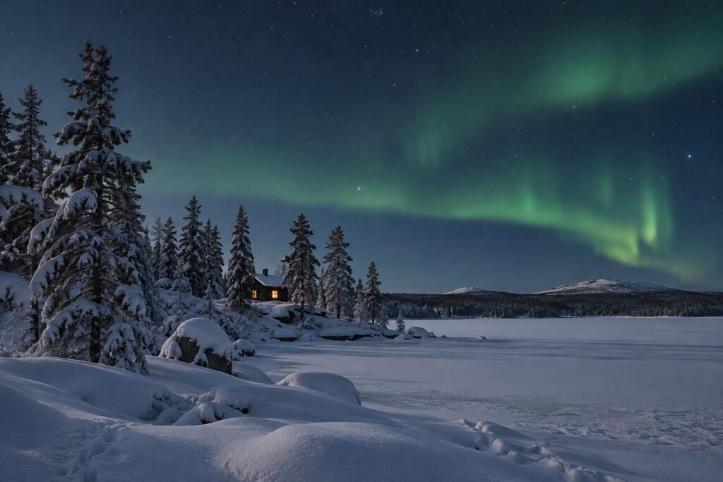 Noorderlicht boven een besneeuwd meer en dennenbos in Fins Lapland in januari