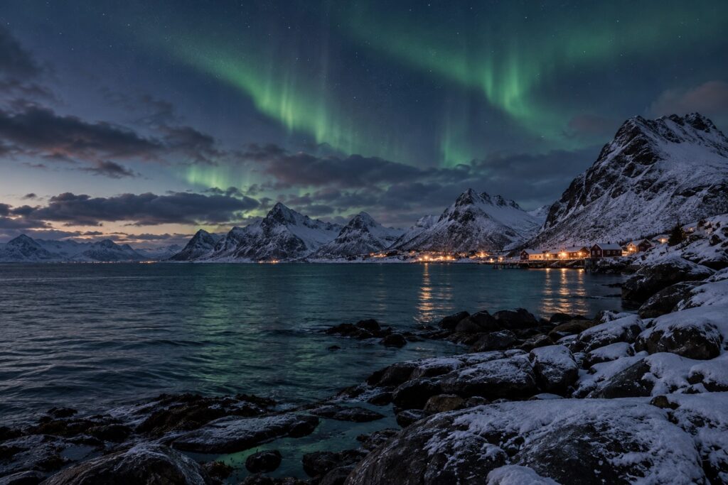 Noorderlicht boven een besneeuwde fjord en kustdorp in Noord-Noorwegen
