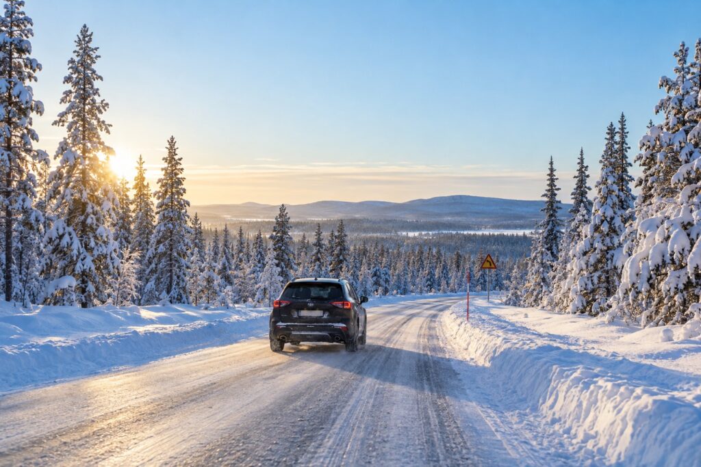 Auto rijdt voorzichtig over een besneeuwde weg tussen dennen in Fins Lapland